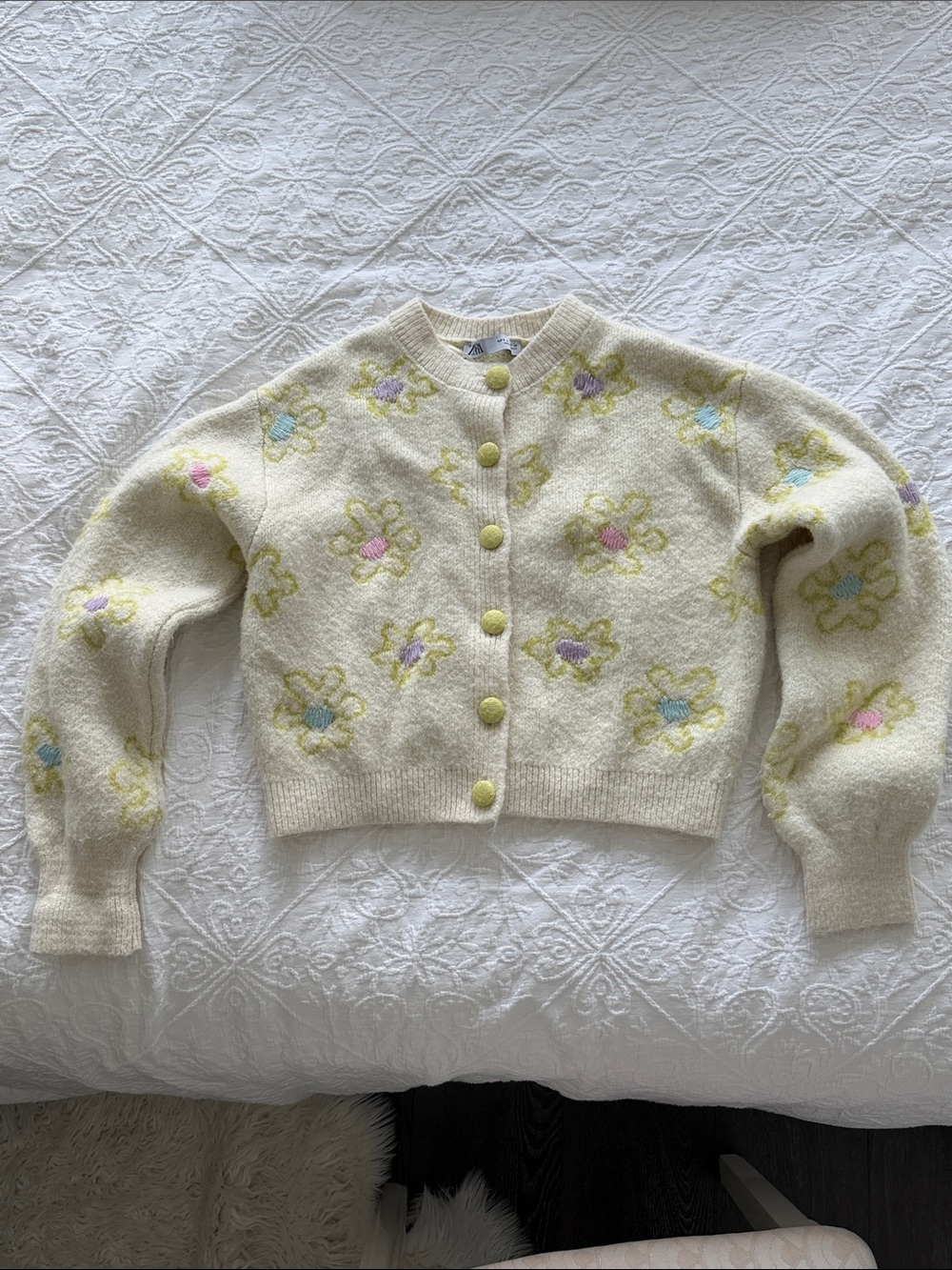 Zara Cream Floral Button-Front Cropped Cardigan